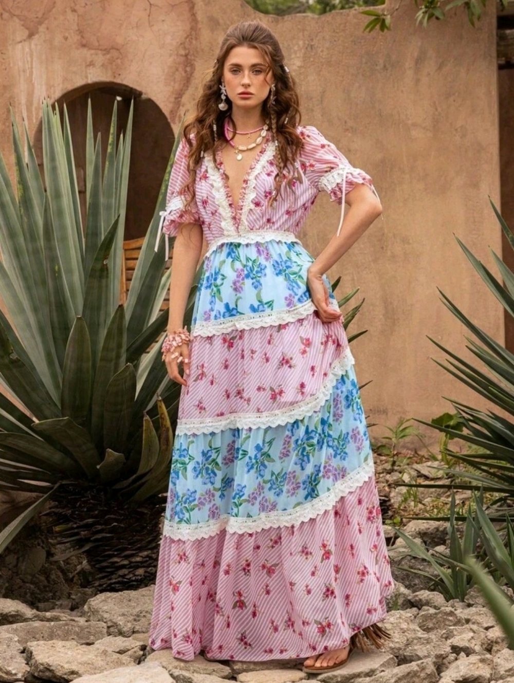 Floral Tiered Maxi Dress in Pink and Blue - Picture 9 of 16